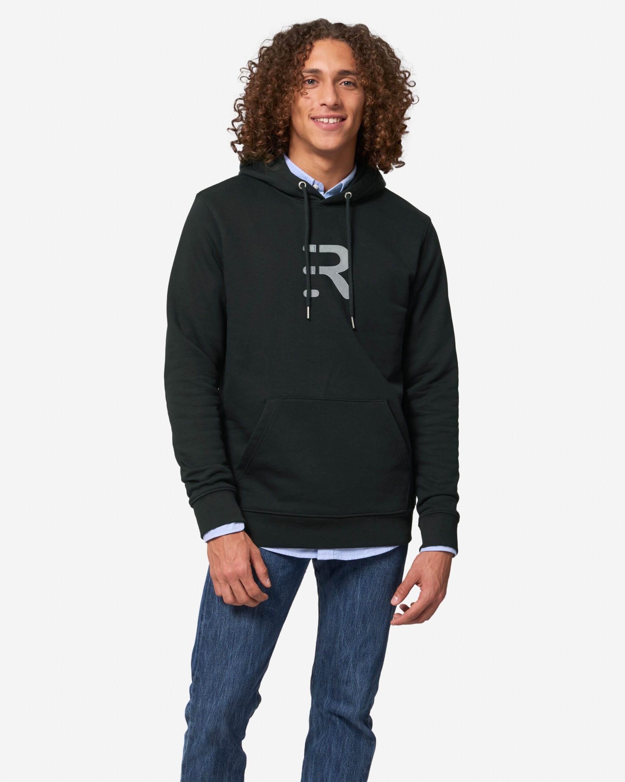 Revers Kangaroo pocket black hoodie with silver embroidery logo